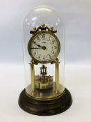 A VINTAGE BRASS ANNIVERSARY CLOCK AND GLASS DOME WITH ENAMELLED DIAL MARKED H. SAMUEL - H 30CM.