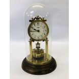 A VINTAGE BRASS ANNIVERSARY CLOCK AND GLASS DOME WITH ENAMELLED DIAL MARKED H. SAMUEL - H 30CM.