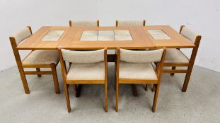 A RETRO TEAK FINISH AND TILE TOP GANGSO MOBLER DANISH DINING TABLE AND A SET OF 6 GANGSO MOBLER