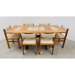 A RETRO TEAK FINISH AND TILE TOP GANGSO MOBLER DANISH DINING TABLE AND A SET OF 6 GANGSO MOBLER