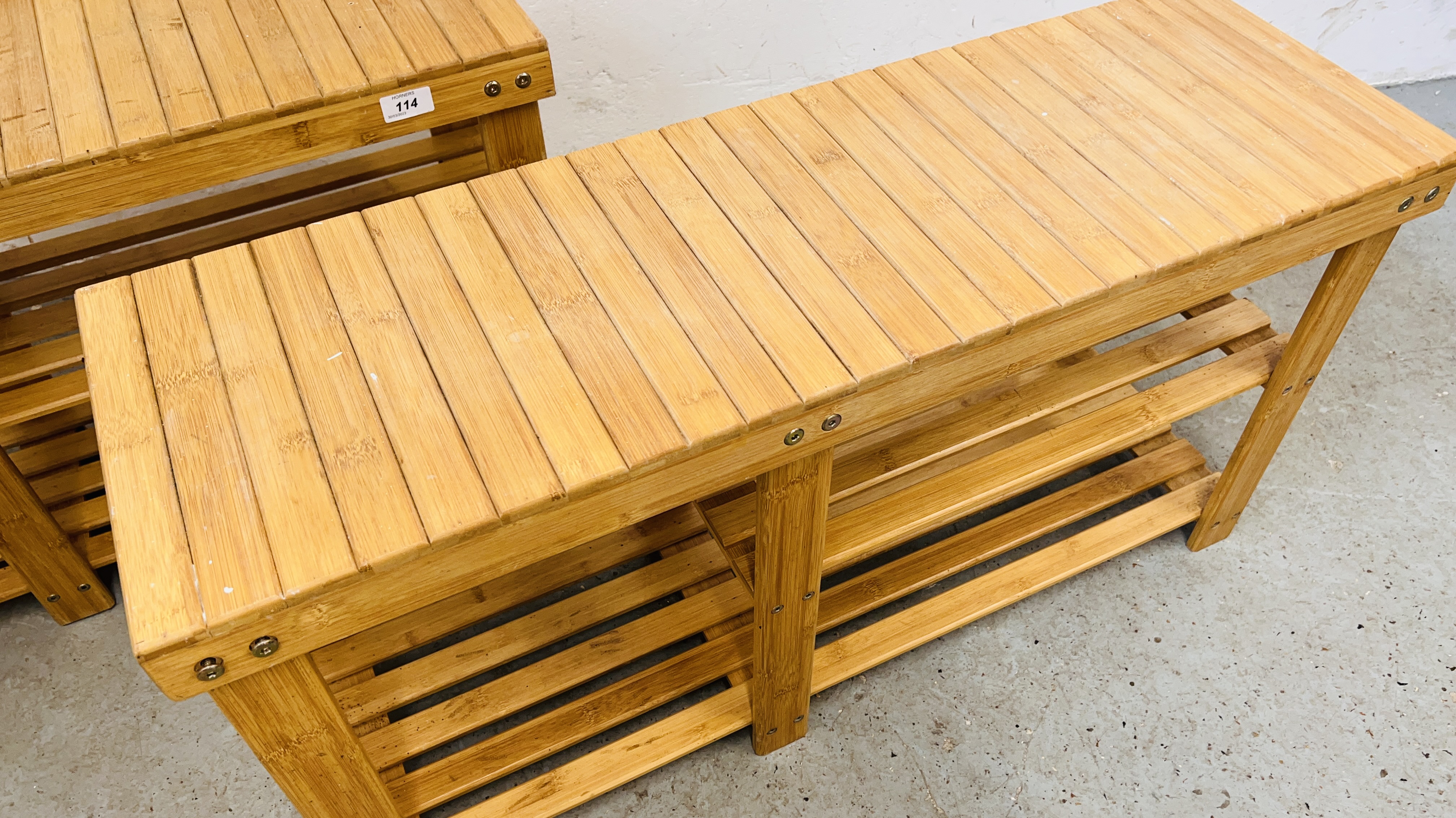 A PAIR OF BAMBOO WOOD BENCHES WITH STORAGE BELOW - LENGTH 88CM. - Image 3 of 5