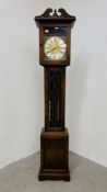 A REPRODUCTION OAK LONG CASE CLOCK WITH LINEN FOLD DETAIL.