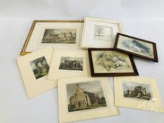 AN ORIGINAL FRAMED WATERCOLOUR DEPICTING A STATELY HOME, UNSIGNED, 4 MOUNTED ETCHINGS,