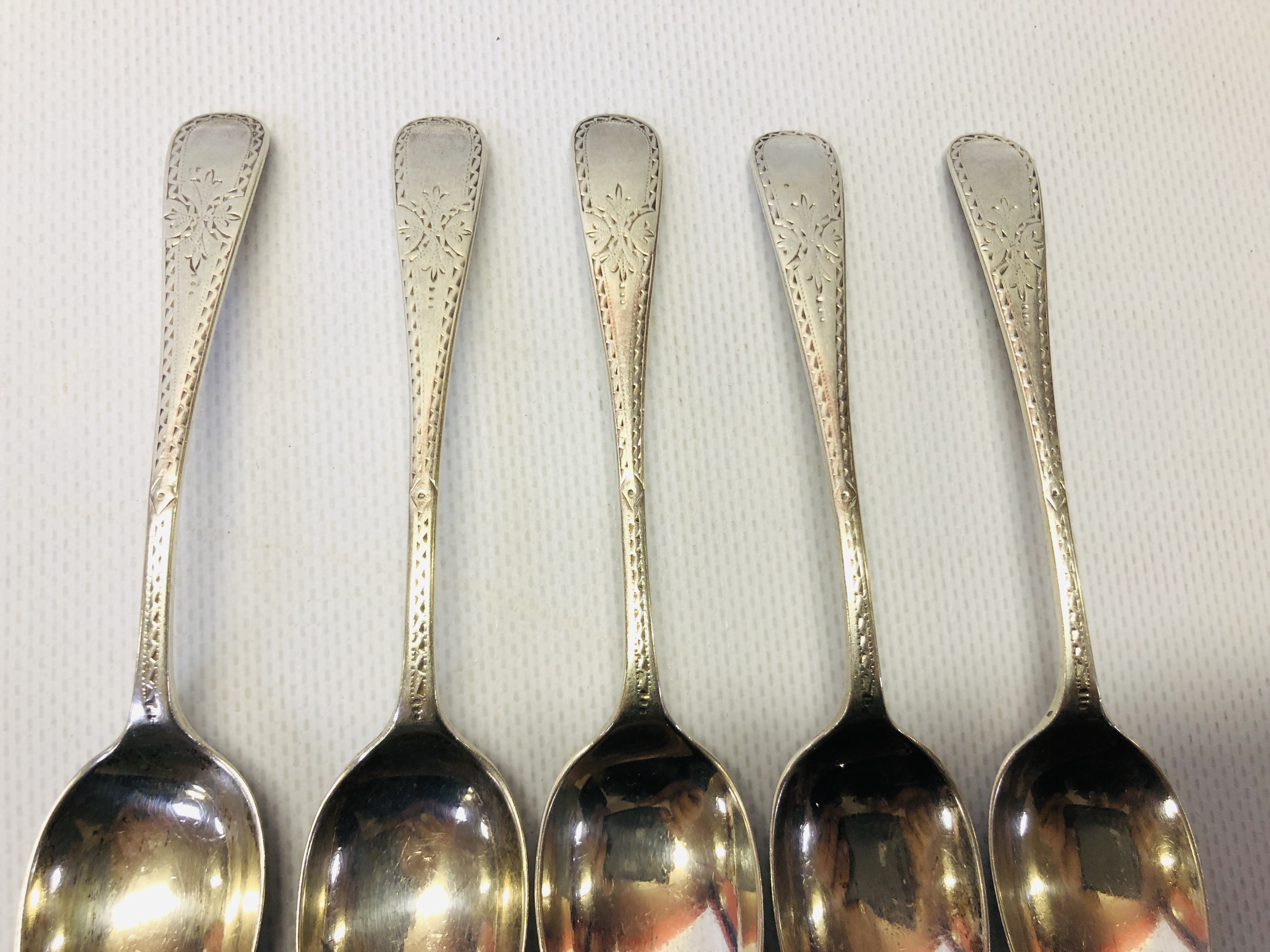 FIVE BRIGHT-CUT SILVER TEASPOONS, - Image 4 of 9