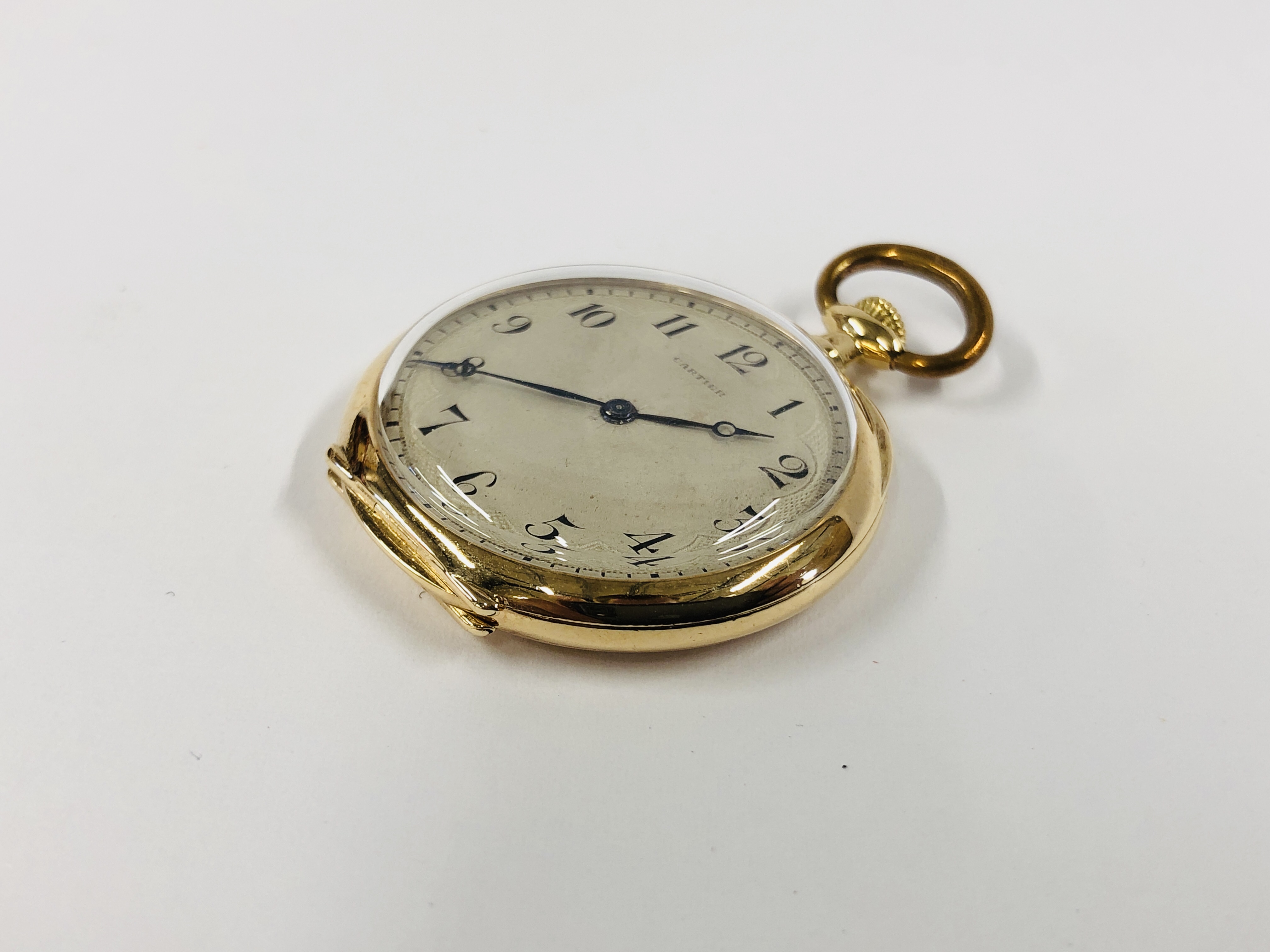 A VINTAGE 1930'S "CARTIER" 18K GOLD CASED POCKET WATCH, ENAMELLED DIAL. - Image 4 of 10