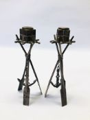 PAIR OF UNUSUAL WHITE METAL BOATING RELATED CANDLESTICKS,