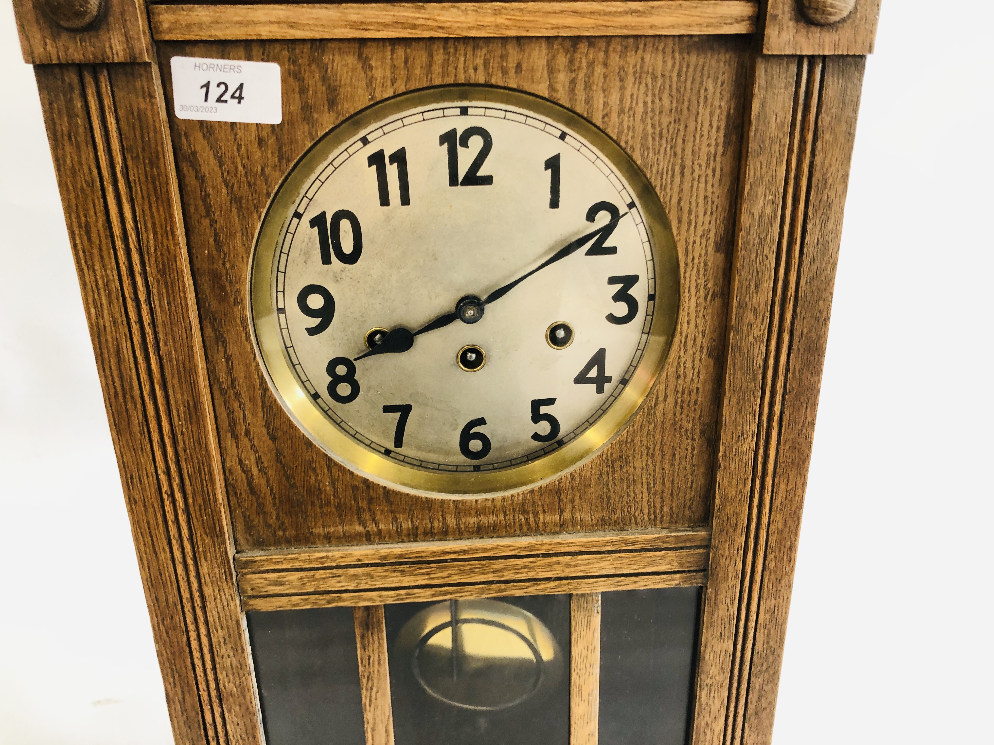 AN OAK CASED REGULATOR STYLE WALL CLOCK WESTMINSTER CHIMING - Image 3 of 7