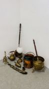 A BRASS TWIN BURNER TABLE OIL LAMP, A REPRODUCTION BRASS BOX IRON AND STAND, BRASS KETTLE,