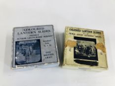 A COLLECTION OF ASSORTED VINTAGE GLASS LANTERN SLIDES TO INCLUDE 9 COLOURED BRITISH ARMY EXAMPLES,