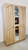 A MODERN LIGHT OAK FINISH TRIPLE WARDROBE WITH CENTRAL MIRRORED DOOR (TWO SECTION), W 115CM, D 52CM,