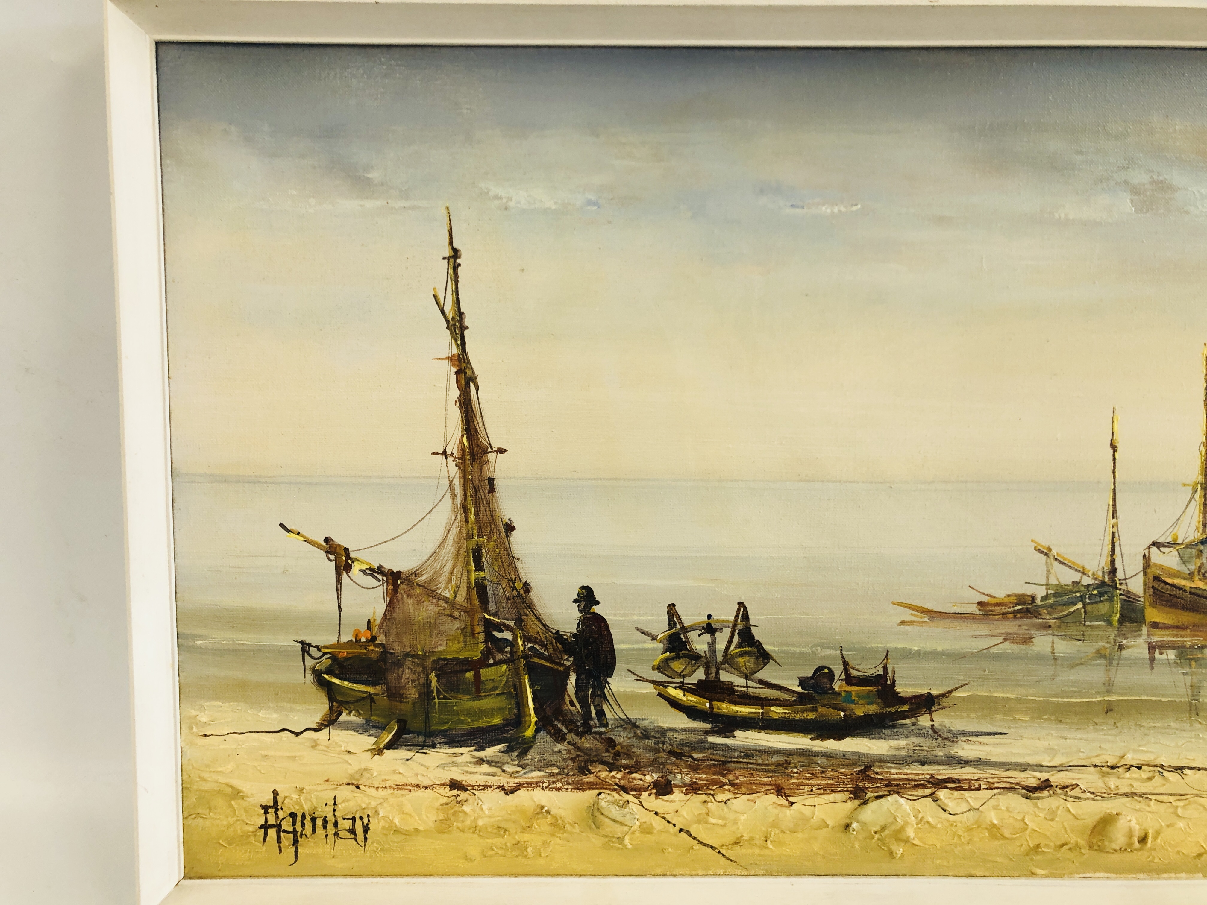 AN OIL ON CANVAS OF FISHING BOATS SIGNED AGUILAY 90 CM X 45 CM. - Image 2 of 4