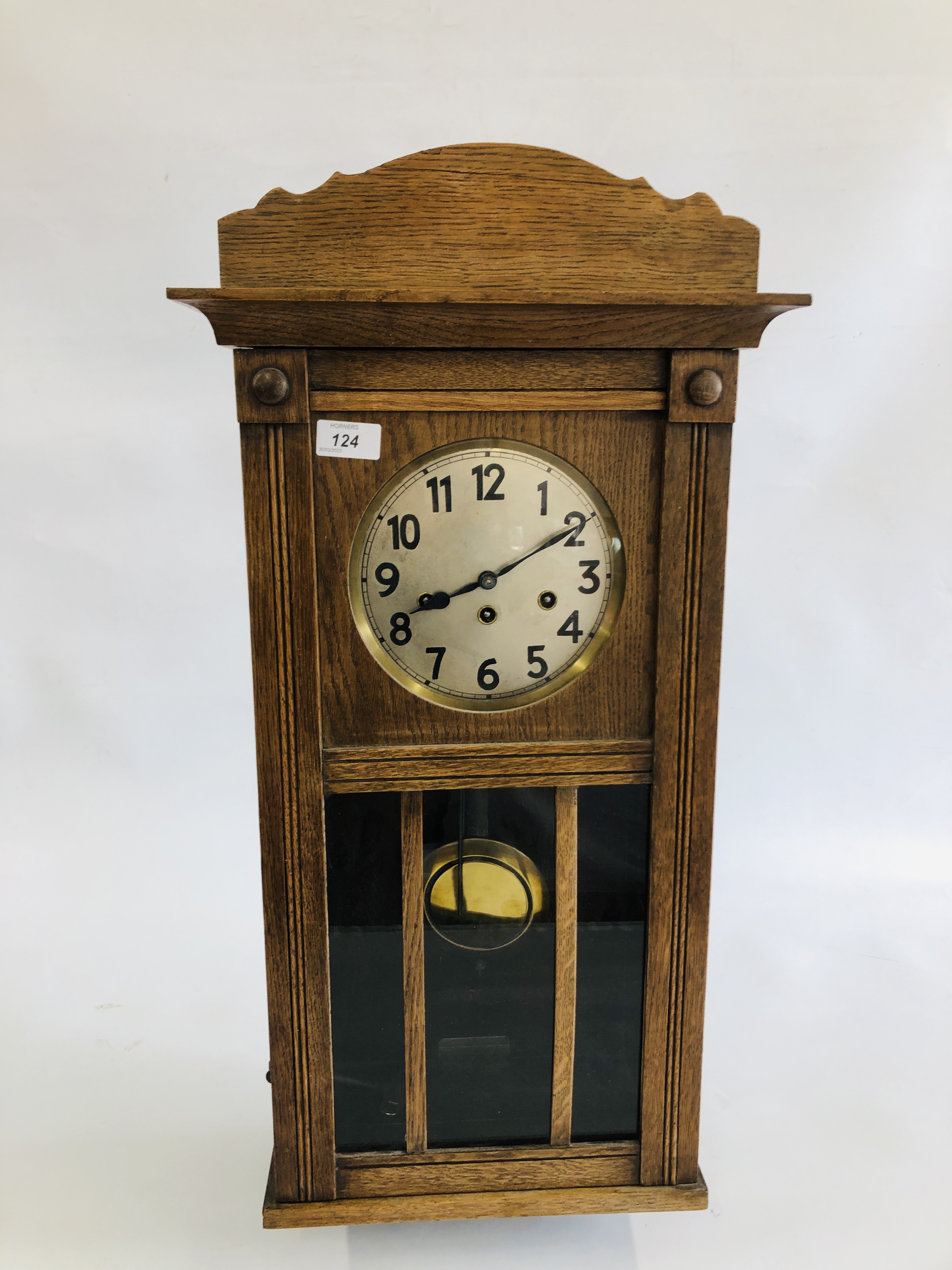 AN OAK CASED REGULATOR STYLE WALL CLOCK WESTMINSTER CHIMING