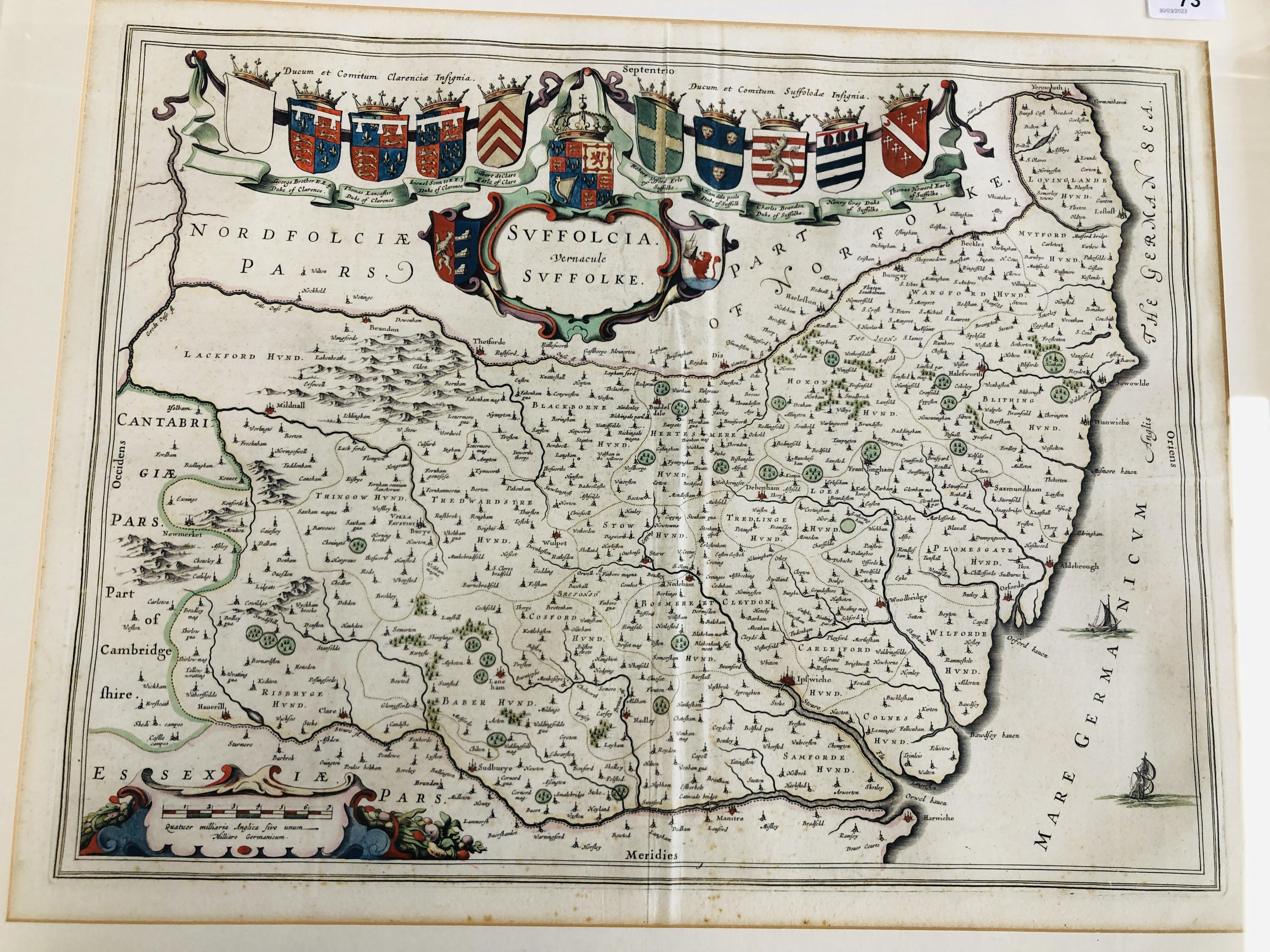 A VINTAGE FRAMED MAP OF SUFFOLK ALONG WITH A FURTHER ENGRAVED EXAMPLE. - Image 2 of 9