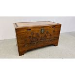 A MAHOGANY CAMPHOR WOOD LINED BLANKET BOX WITH HAND CARVED ORIENTAL DESIGN WIDTH 91CM. DEPTH 48CM.