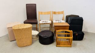 A PAIR OF FOLDING BEECH WOOD CHAIRS, TEAK FINISH SEWING BOX AND CONTENTS, POUFFE, TWO LUGGAGE CASES,