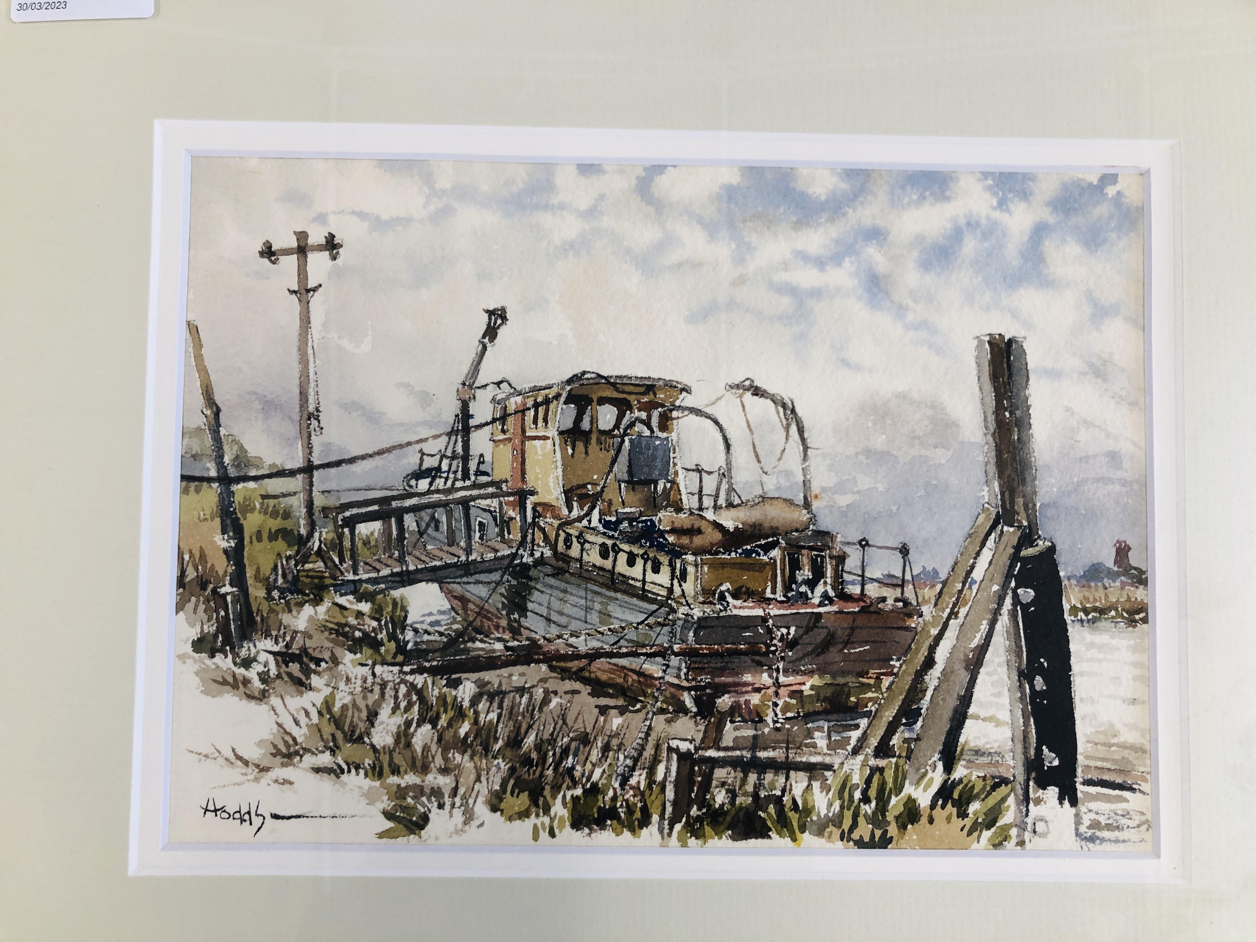 A FRAMED AND MOUNTED WATERCOLOUR "SALVAGED - BREYDON" SIGNED ROY HODDS 18CM X 26CM. - Image 2 of 4