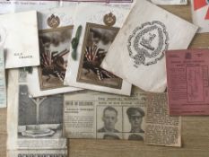 SMALL COLLECTION WW1 EPHEMERA WITH GREETINGS CARDS, LEAVE TICKETS, 47TH DIVISION POSTER, CUTTINGS,