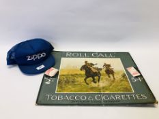 ZIPPO ADVERTISING CAP ALONG WITH A VINTAGE ADVERTISING BOARD "ROLL CALL" TOBACCO AND CIGARETTES