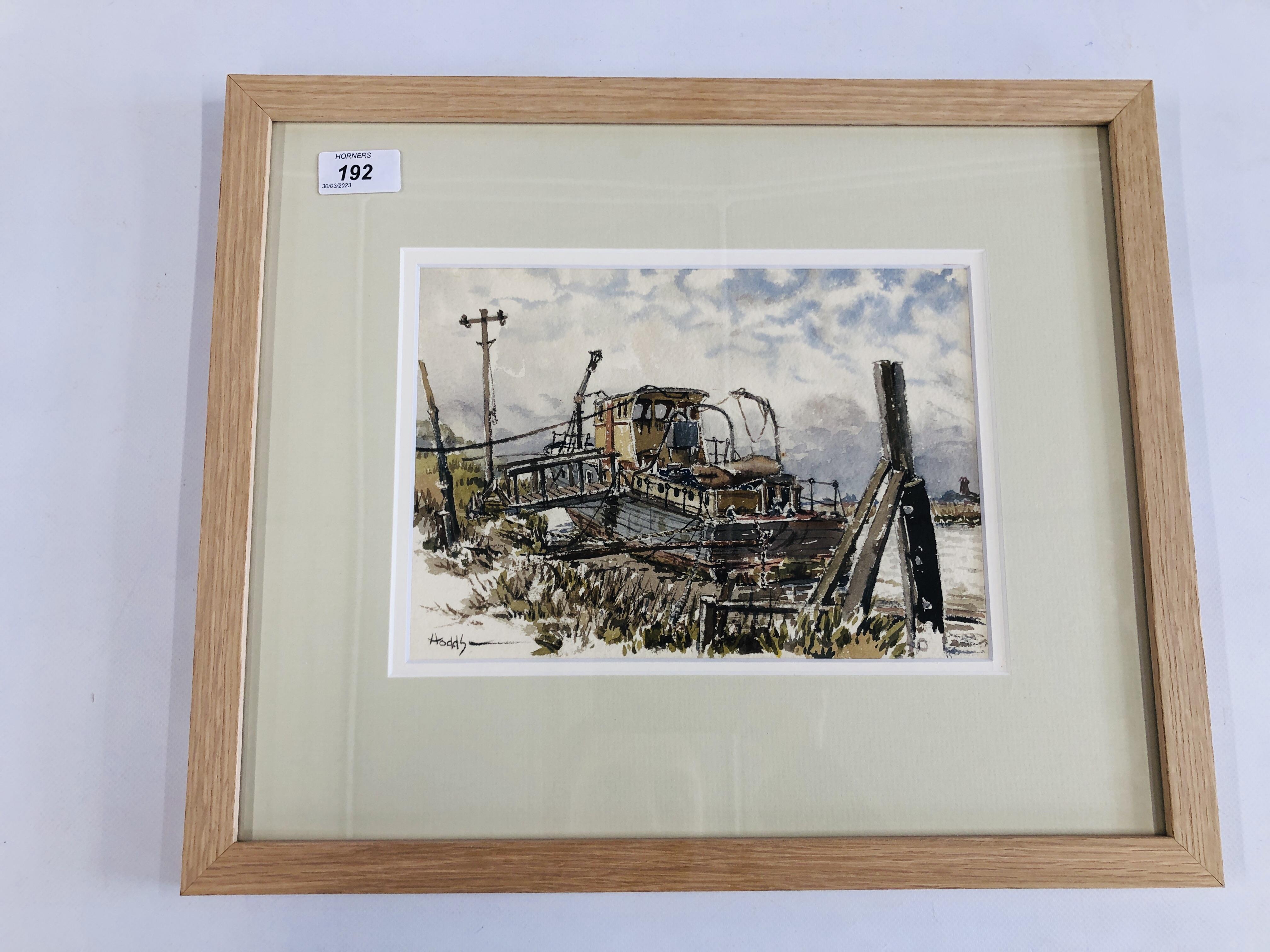 A FRAMED AND MOUNTED WATERCOLOUR "SALVAGED - BREYDON" SIGNED ROY HODDS 18CM X 26CM.