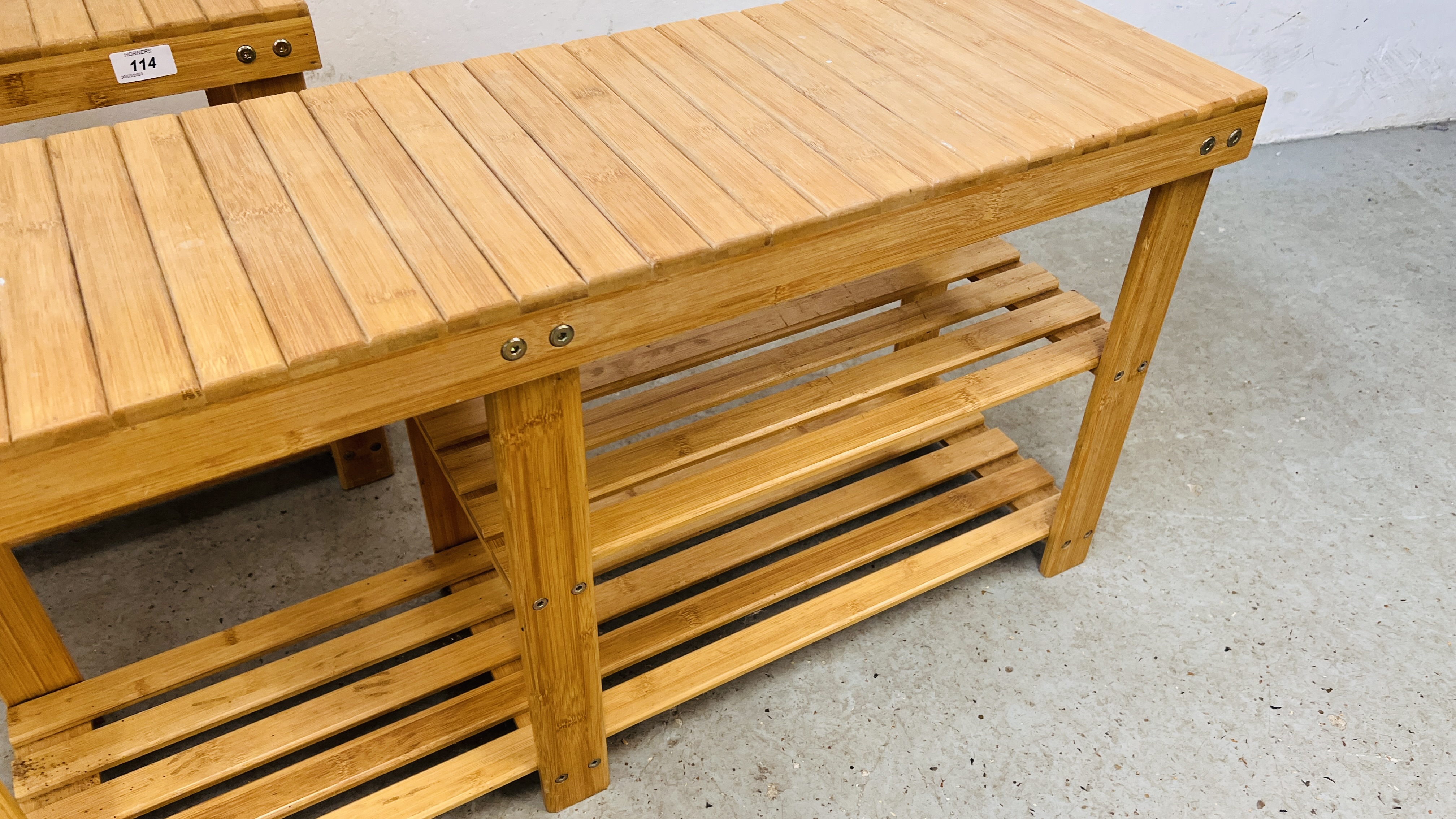 A PAIR OF BAMBOO WOOD BENCHES WITH STORAGE BELOW - LENGTH 88CM. - Image 4 of 5