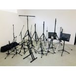 A COLLECTION OF AUDIO MIC & MUSIC STANDS INCLUDING CITRONIC TRIPODS, GORILLA STANDS,