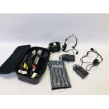 A CASED MAGIC SING ET12K MICROPHONE WITH ACCESSORIES AND 2 REALISTIC VOICE ACTUATED FM TRANSCEIVERS
