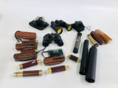 SELECTION OF VINTAGE BINOCULARS AND TELESCOPES.