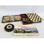 A VINTAGE CHESS SET AND PIECES AND 2 VINTAGE GAMES INCLUDING CAMPAIGN AND FORMULA + OAK CASE