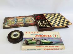 A VINTAGE CHESS SET AND PIECES AND 2 VINTAGE GAMES INCLUDING CAMPAIGN AND FORMULA + OAK CASE