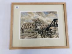 A FRAMED AND MOUNTED WATERCOLOUR SCENE GREAT YARMOUTH SWING BRIDGE SIGNED ROY HODDS 27 CM X 37 CM.