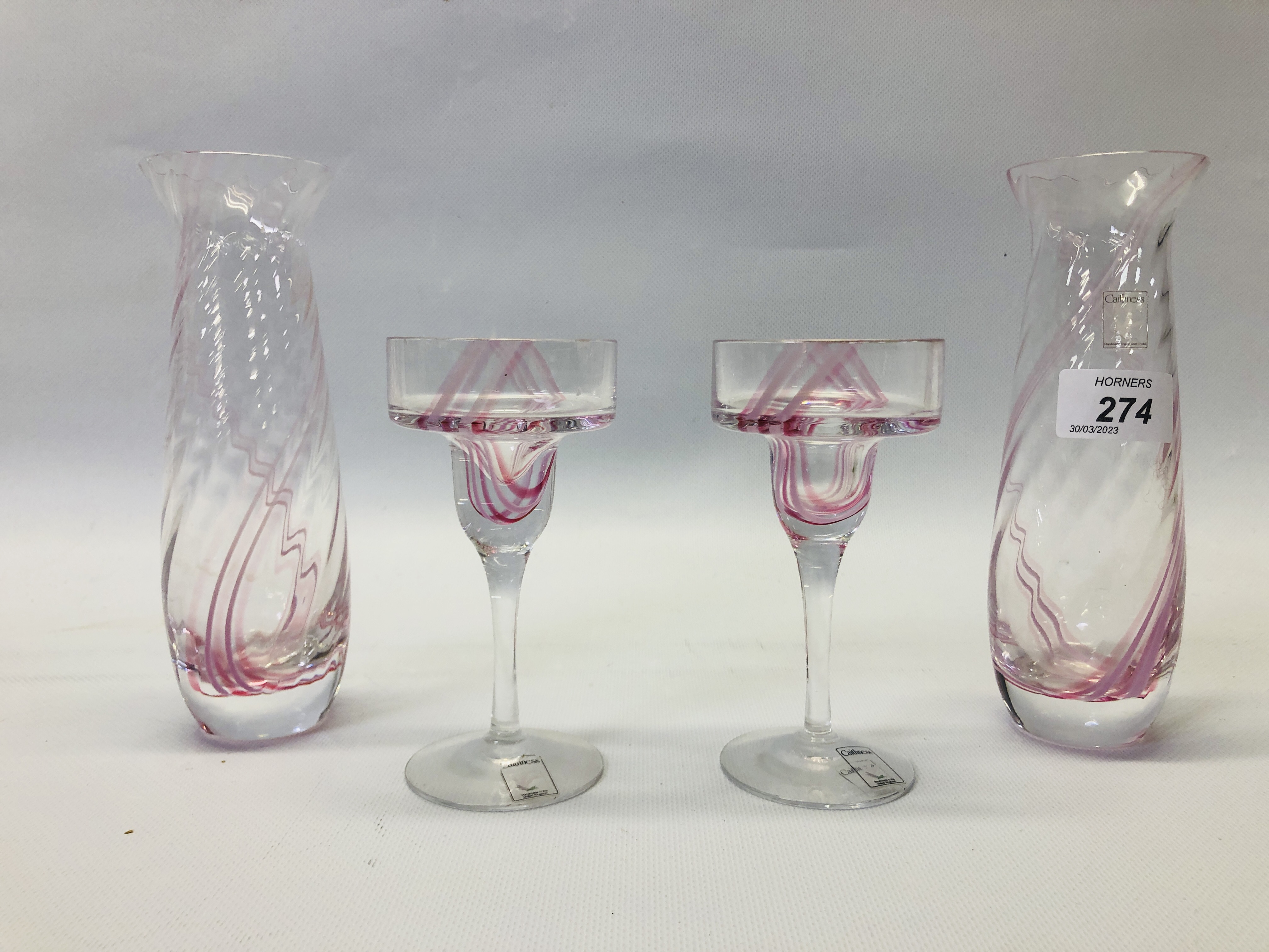 A PAIR OF ART GLASS CAITHNESS VASES & MATCHING PAIR OF CANDLESTICKS.