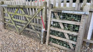 A 240CM FIVE BAR WOODEN FIELD GATE ALONG WITH 91CM FIVE BAR PERSONNEL GATE WITH WELD MESH COVERING.