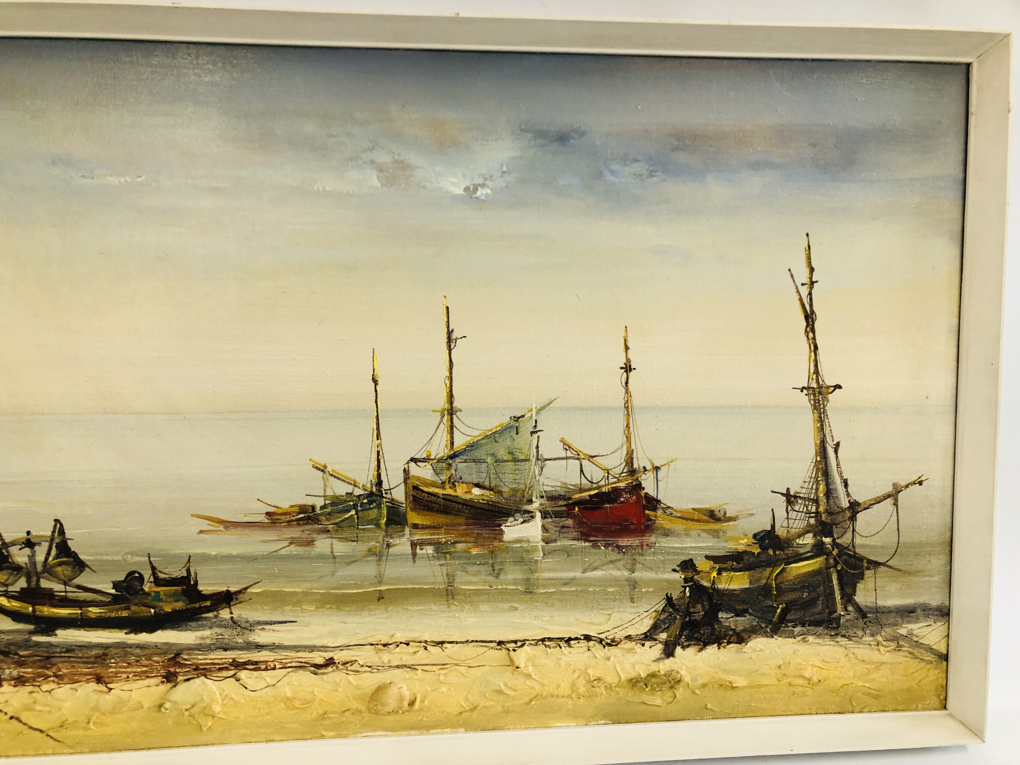 AN OIL ON CANVAS OF FISHING BOATS SIGNED AGUILAY 90 CM X 45 CM. - Image 3 of 4
