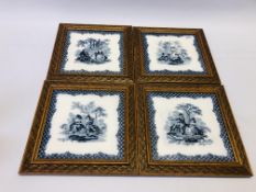 A GROUP OF 4 VINTAGE BLUE & WHITE TILES DEPICTING CLASSICAL SCENES IN HARDWOOD CARVED FRAMES - 21CM