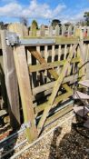 A 4FT FIVE BAR WOODEN GATE ALONG WITH 6 INCH X 6 INCH X 234CM POST A/F WITH HINGES.