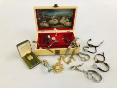 A MUSICAL JEWELLERY BOX CONTAINING A QUANTITY OF ASSORTED WATCHES TO INCLUDE A BOXED SWIZZ