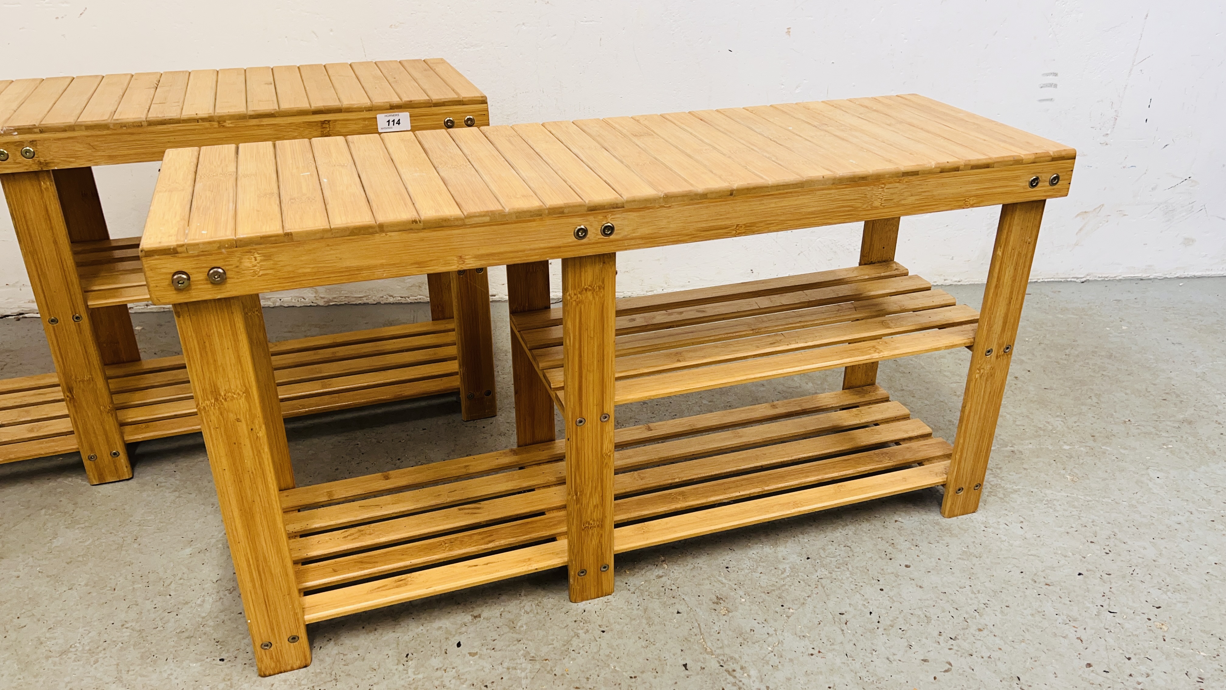 A PAIR OF BAMBOO WOOD BENCHES WITH STORAGE BELOW - LENGTH 88CM. - Image 2 of 5