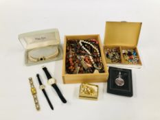 BOX OF MIXED JEWELLERY AND WATCHES.