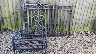 A CAST METAL LOG FIRE BASKET, A PAIR OF IRON GATES AND TWO OTHERS.