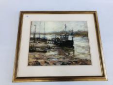 A LARGE FRAMED PASTEL SCENE "REFLECTIVE MOOD" SIGNED JOHN PATCHETT 1946 SOUTHWOLD 45CM X 59CM.