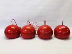 SET OF FOUR RETRO HANGING RED METAL LIGHT FITTINGS - TO BE FITTED BY QUALIFIED ELECTRICIAN - SOLD