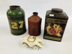 3 VINTAGE TINS INC ESSO ORIENTAL ETC. + VINTAGE CHINA TEA POT IN THE FORM OF A CAR.