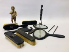 EBONY DRESSING TABLE ITEMS, CARVED WOODEN FIGURE ETC.