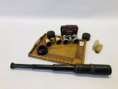 A VINTAGE MARQUETRY INLAID TRAY, VINTAGE OPERA GLASSES TO INCLUDE MOTHER OF PEARL EXAMPLE,
