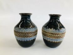 A PAIR OF DOULTON LAMBETH STONEWARE VASES - HEIGHT 15CM.