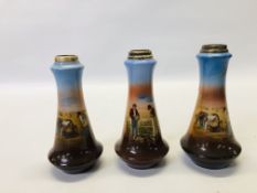 A GROUP OF 3 VINTAGE PORCELAIN SILVER RIMMED VASES DEPICTING HARVEST SCENES,