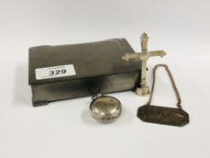 A VINTAGE SWEDISH PEWTER BOX MARKED GAB TENN & CONTENTS TO INCLUDE A SILVER SOVEREIGN HOLDER,