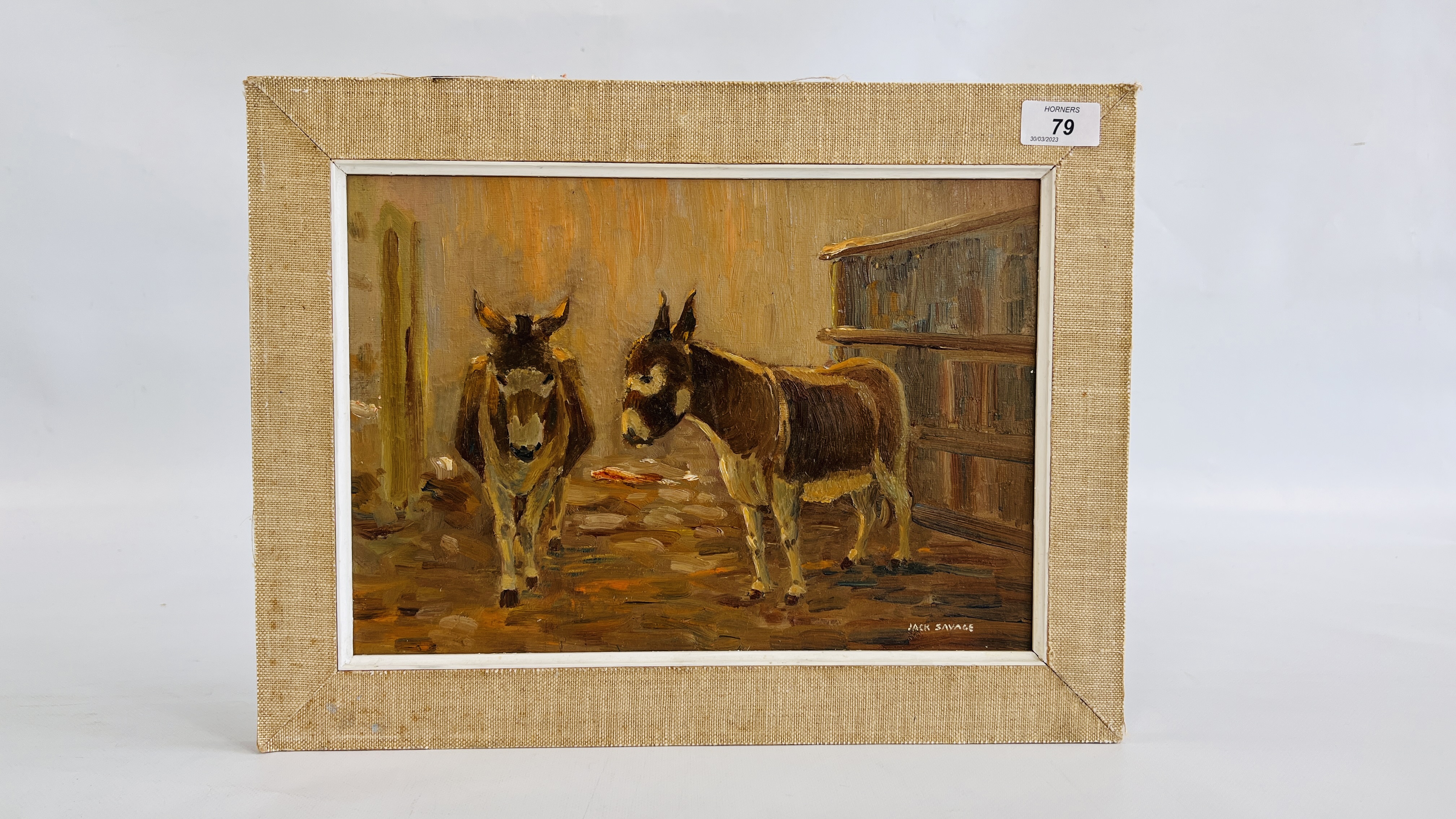 AN ORIGINAL FRAMED OIL ON BOARD "JUST FRIENDS" BEARING SIGNATURE JACK SAVAGE - W 33.5CM X H 23CM.