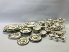 A COLLECTION OF SPODE CHINESE ROSE TTEA AND DINNERWARE TO INCLUDE TEA AND COFFEE POTS, PLATES ETC.
