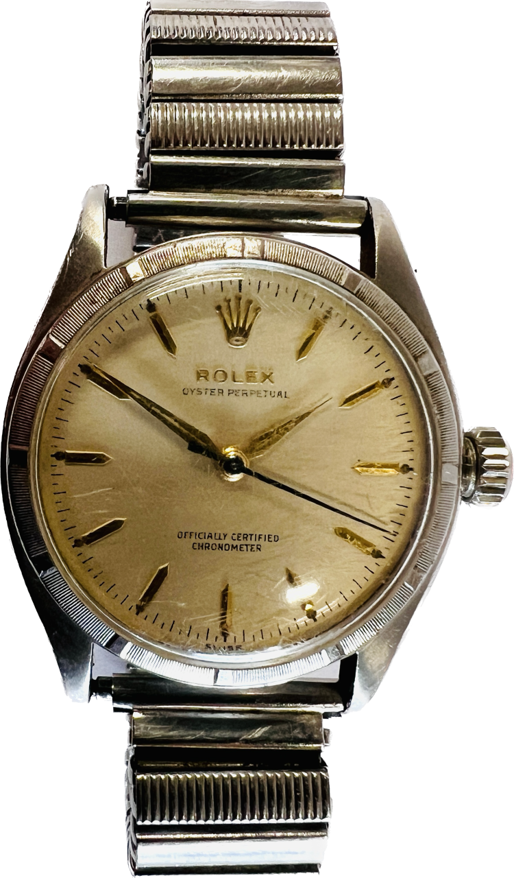 A 1960's ROLEX OYSTER PERPTUAL AUTOMATIC WRIST WATCH ON EXPANDABLE STRAP STAMPED 6085 MODEL F D E